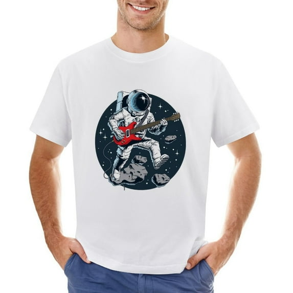 Astronaut Playing Electric Guitar Men’s T-Shirt 100% Cotton Casual Short Sleeve Tops Gift Tee White 5XL