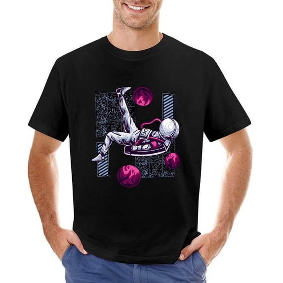 Astronaut Playing Football in Space Men’s Graphic T-shirt Vintage Short Sleeve Sport Tee Black 5XL