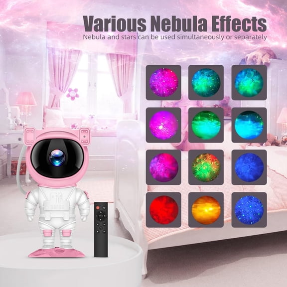 Astronaut Projector Night Light with Timer and Remote - Starry Nebula LED Lamp, Pink-White