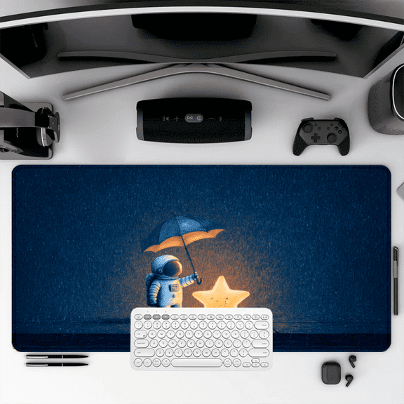 Astronaut Protecting Star Mouse Pad 35.4 x 15.8 Inches Rubber Desk Mat for Office and Gaming