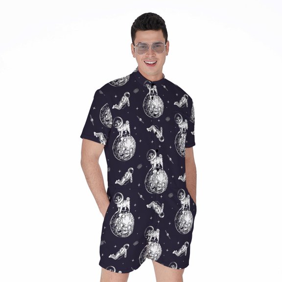 Astronaut Pug In Space Pattern Short Sleeve Men'S Rompers, Space Astronaut Casual Summer Jumpsuits Outfit