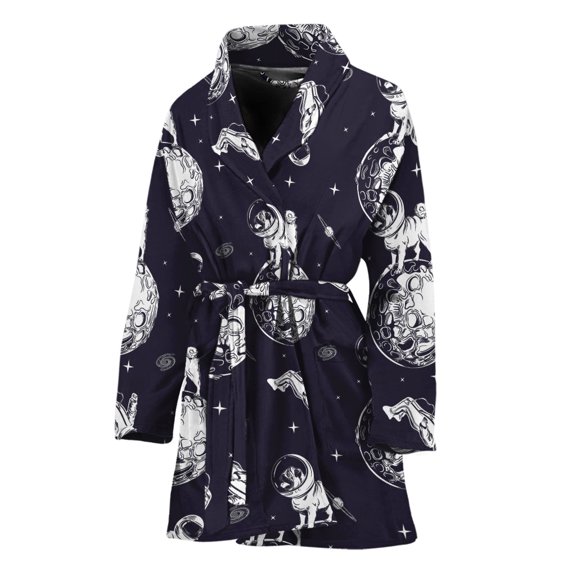 Astronaut Pug In Space Pattern Women Bathrobe One Size Univeral Fits, Space Astronaut Fashion Lightweight Plush Fleece Long Robe For Women