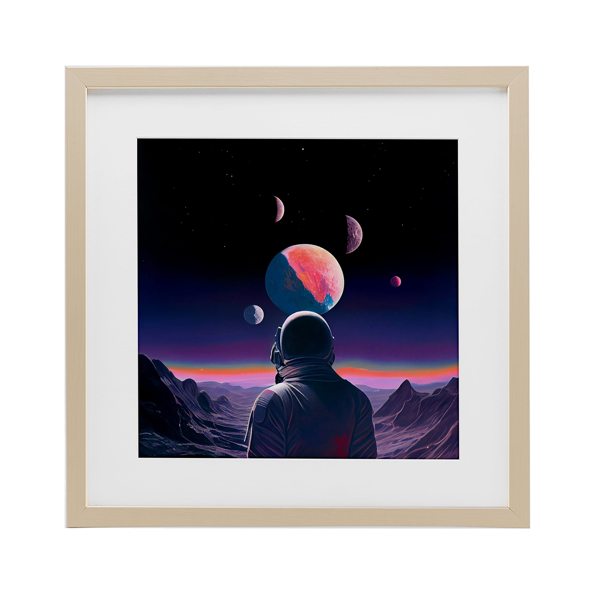 Astronaut & Purple Toned Terrain Birch Framed Print Under Glass, design by Sasha