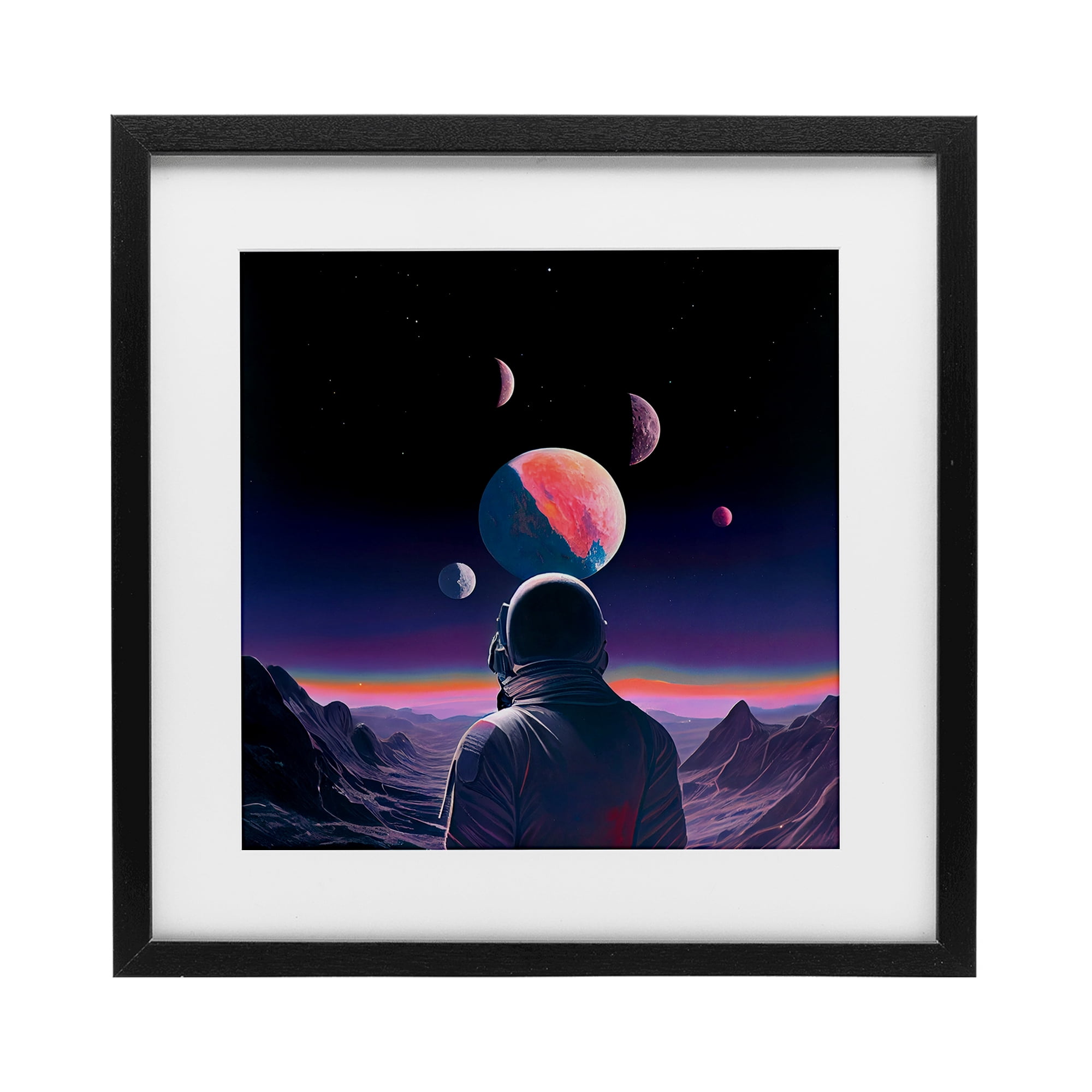 Astronaut & Purple Toned Terrain Black Framed Print Under Glass, design by Sasha