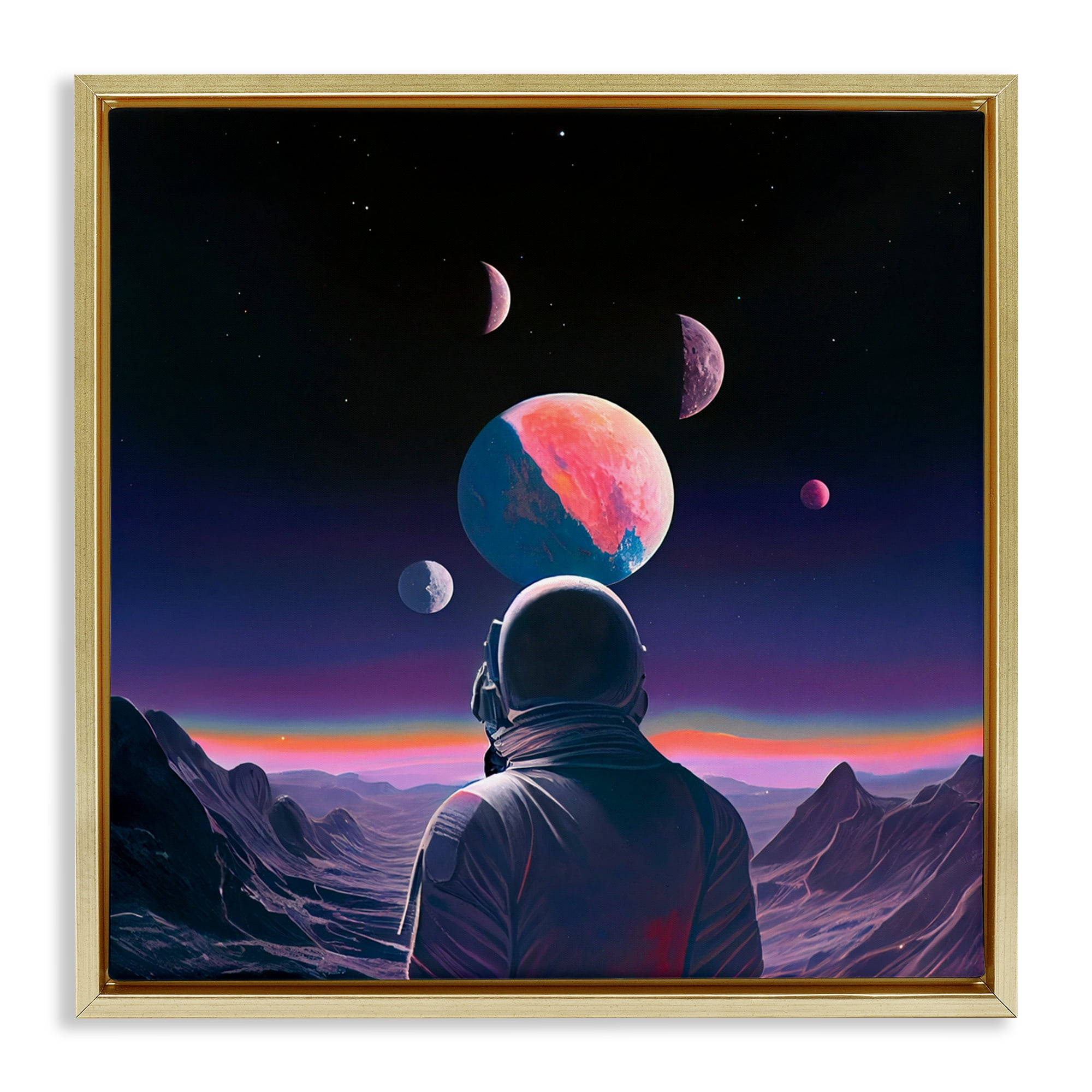 Astronaut & Purple Toned Terrain Gold Framed Floater Canvas Wall Art, design by Sasha