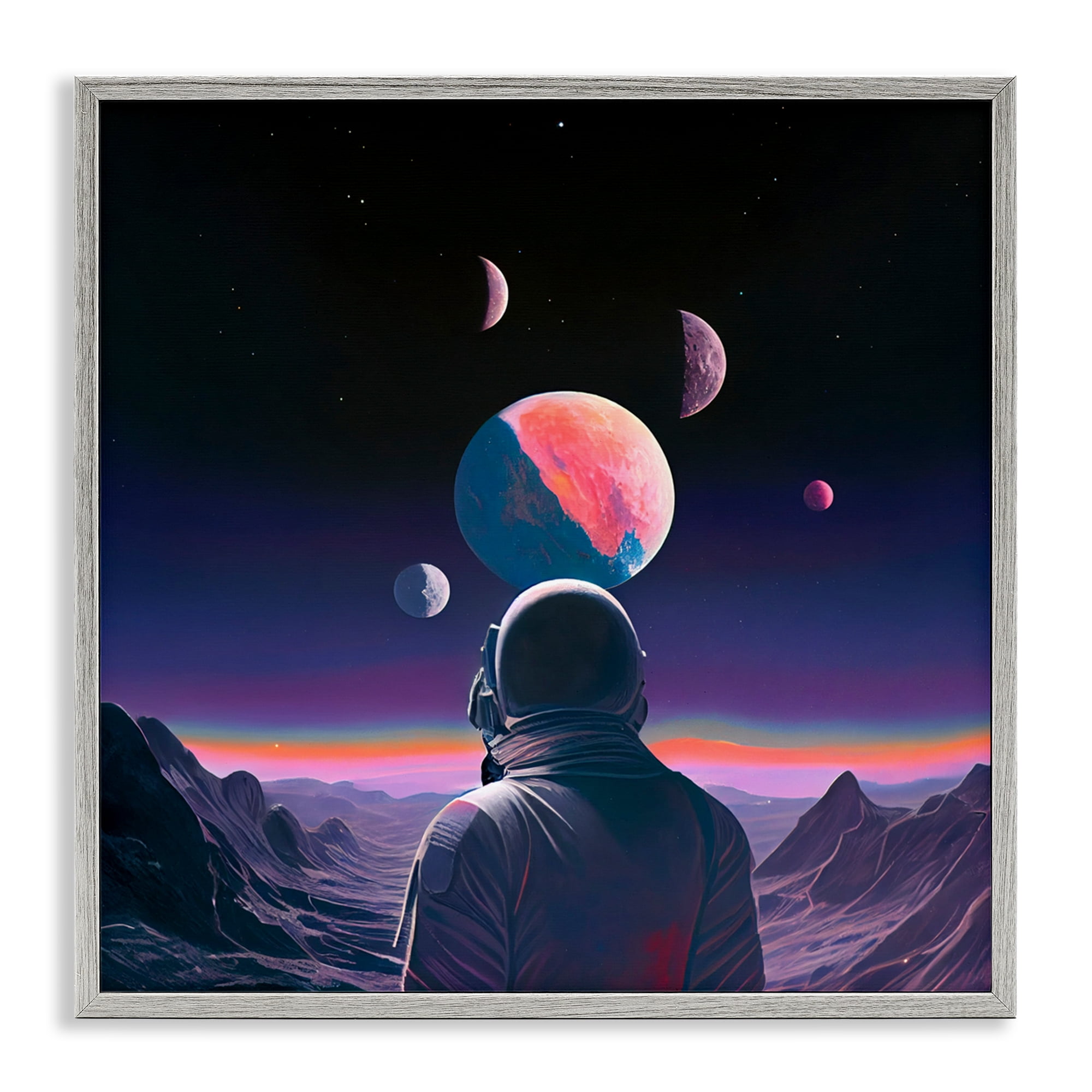Astronaut & Purple Toned Terrain Gray Framed Giclee Art, design by Sasha