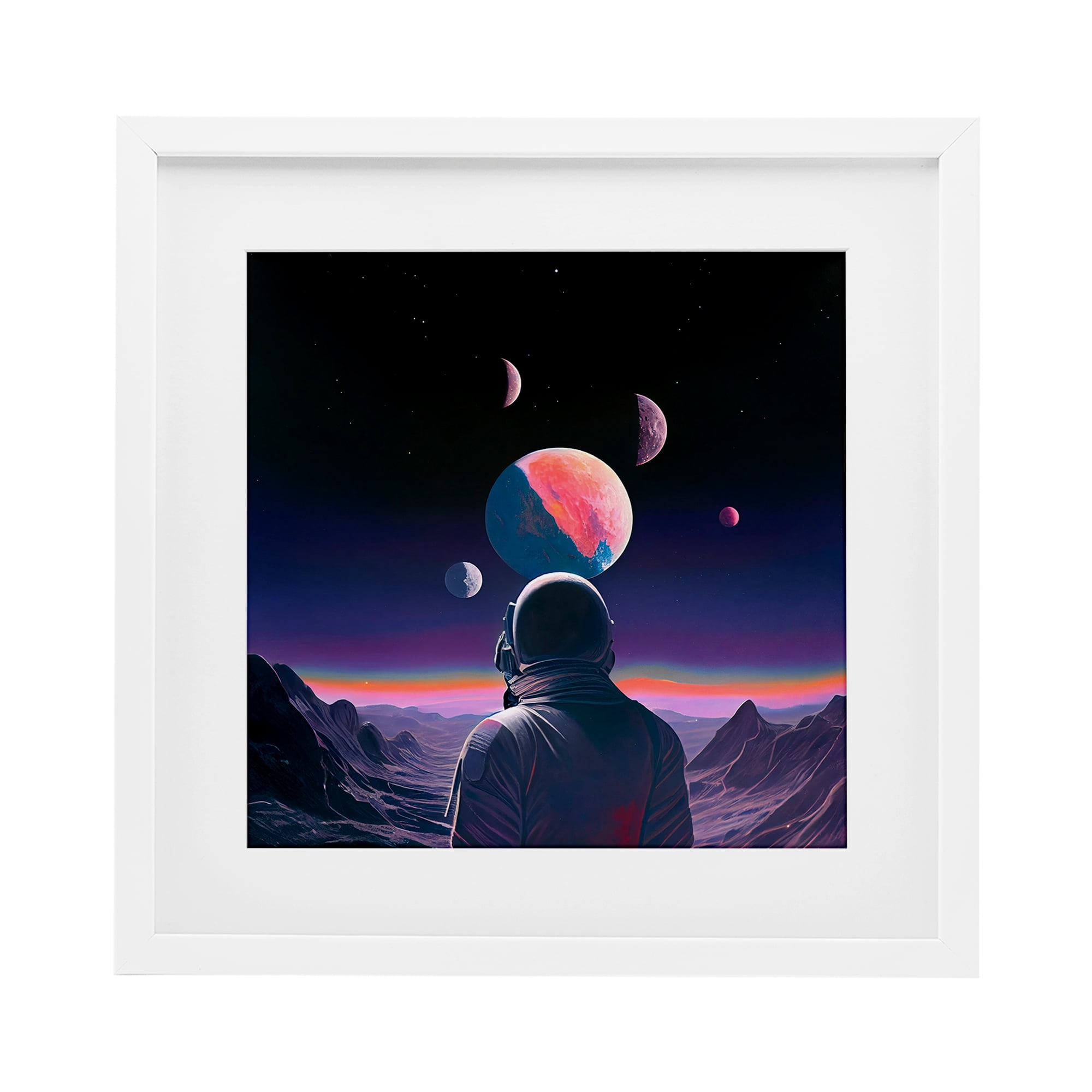 Astronaut & Purple Toned Terrain White Framed Print Under Glass, design by Sasha