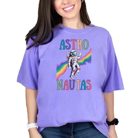 Astronaut Rainbow T-Shirt, Space Theme Graphic Tee, Colorful Astronaut Design Shirt, Unique Gift Idea, Fun Space Lover Apparel, Violet Comfort Colors T-Shirt, Medium