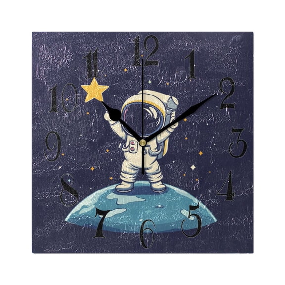 Astronaut Reaching Star Wall Clock Decorative Square Silent Non-Ticking Operated Clocks Aesthetic for Bedroom Living Room