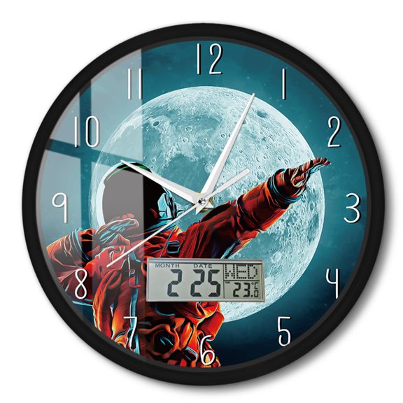 Astronaut Reaching out Toward Moon Wall Clock with Temperature Calendar Date Week LCD Display