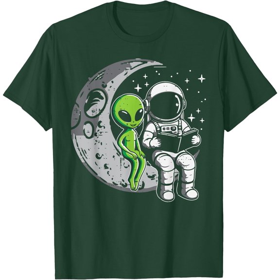 Astronaut Reading Book To Alien Moon Space Unisex T-Shirt for Men Women Kids,Forest Green Color,Size YM