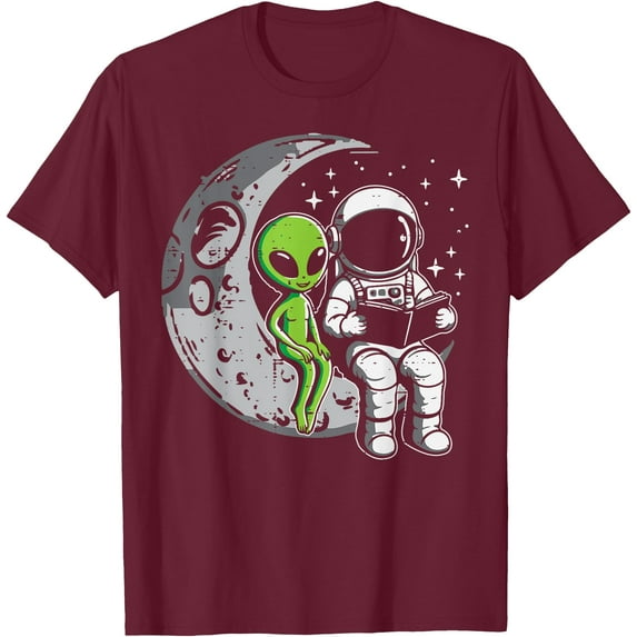 Astronaut Reading Book To Alien Moon Space Unisex T-Shirt for Men Women Kids,Maroon Color,Size L