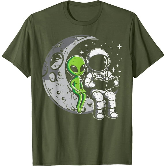 Astronaut Reading Book To Alien Moon Space Unisex T-Shirt for Men Women Kids,Military Green Color,Size 2XL