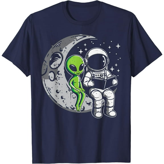 Astronaut Reading Book To Alien Moon Space Unisex T-Shirt for Men Women Kids,Navy Color,Size 2XL