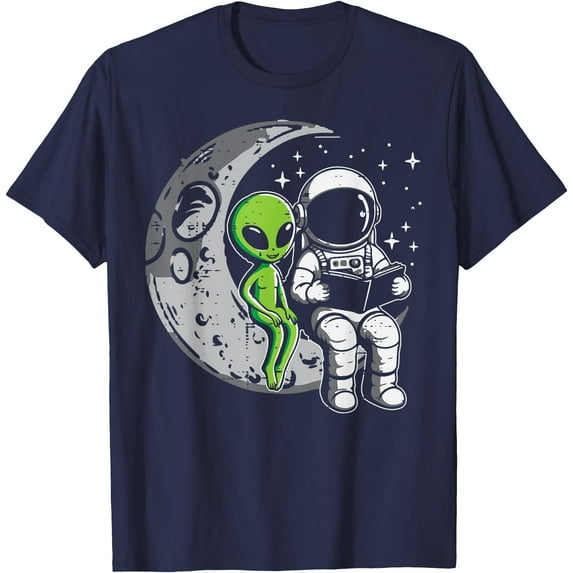 Astronaut Reading Book To Alien Moon Space Unisex T-Shirt for Men Women Kids,Navy Color,Size 5/6