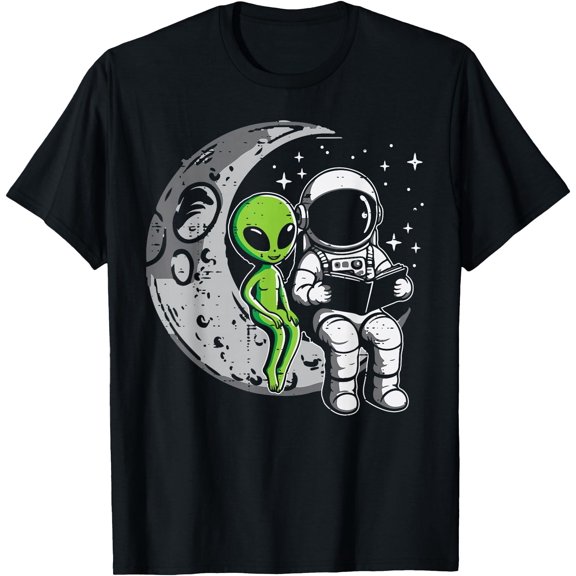 Astronaut Reading Book To Alien Moon Space Women Men T-Shirt