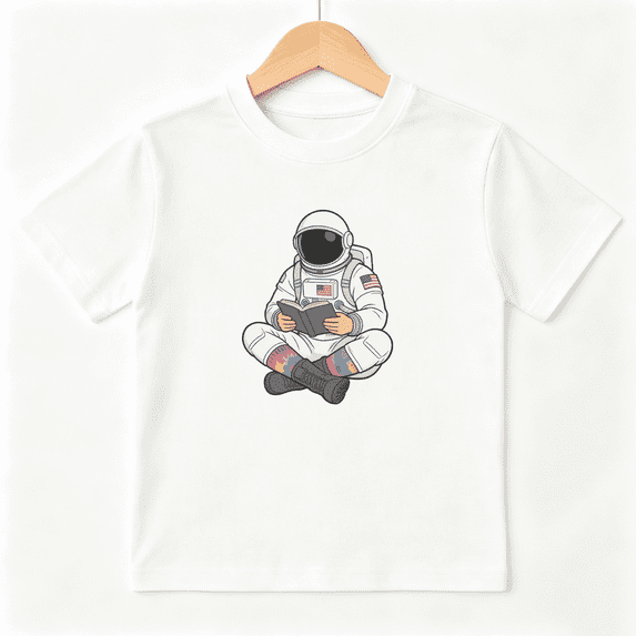Astronaut Reading Boys Graphic Tee, Cool Space Science Bookworm 100% Cotton Kids Short Sleeve T-Shirt