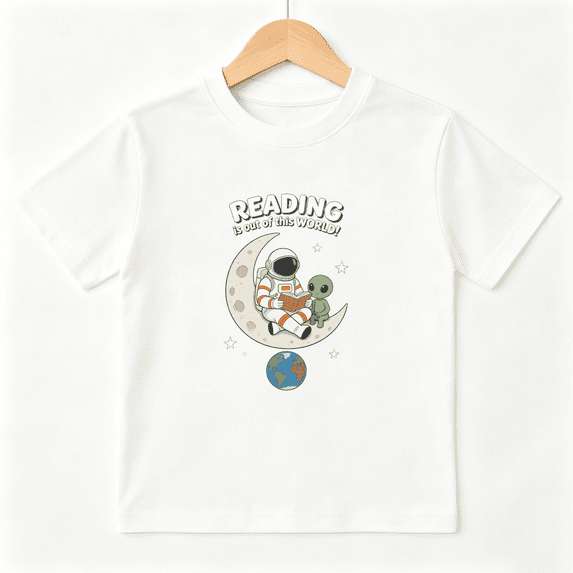 Astronaut Reading Boys Graphic Tee, Space Alien Moon Bookworm 100% Cotton Kids Short Sleeve T-Shirt