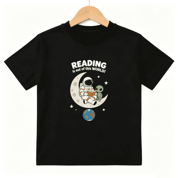 Astronaut Reading Boys Graphic Tee, Space Alien Moon Bookworm 100% Cotton Kids Short Sleeve T-Shirt