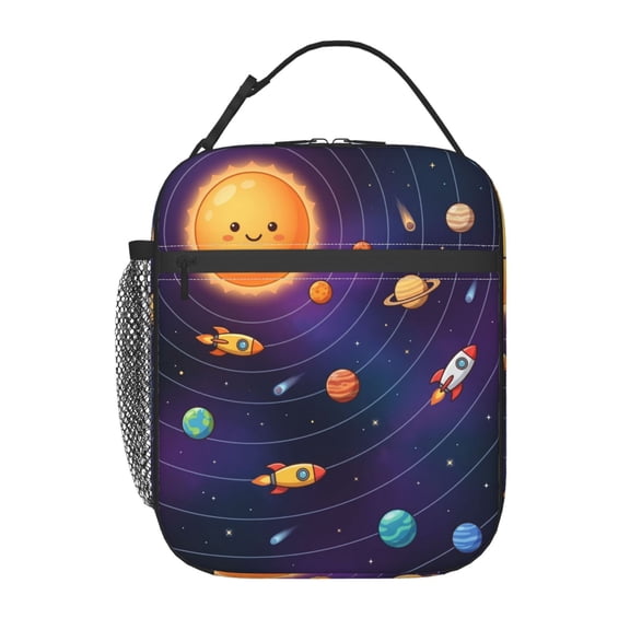 Astronaut Reusable Lunch Bag,Space Rocket Planet Insulated Lunch Box With Side Pockets Portable Thermal Cooler Bag For Work,Picnic,Beach