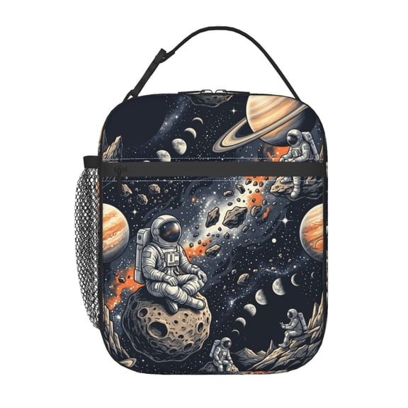 Astronaut Reusable Lunch Bag,Space Rocket Planet Insulated Lunch Box With Side Pockets Portable Thermal Cooler Bag For Work,Picnic,Beach