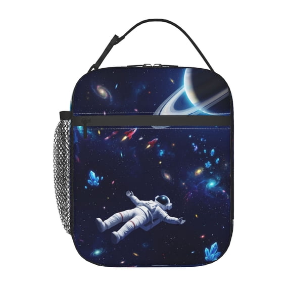 Astronaut Reusable Lunch Bag,Space Rocket Planet Insulated Lunch Box With Side Pockets Portable Thermal Cooler Bag For Work,Picnic,Beach