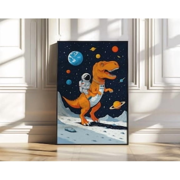 Astronaut Riding T RexSpace Poster Dinosaur Wall For Kids RoomBold Comic Style Outer Space Housewarming Gift Ideas UNF