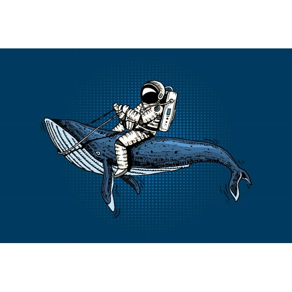 Astronaut Riding Whale, Vector with Linework (16x24 Giclee Gallery Art Print, Vivid Textured Wall Decor)