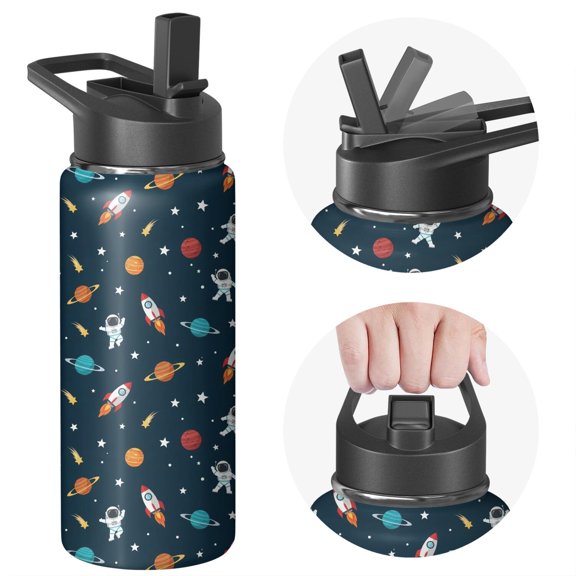 Astronaut and Rocket Black Pattern Insulated Water Bottle with Straw, Vacuum Insulated Stainless Steel Drink Container Sweat-free Exterior Gifts Ideas for Birthday Holiday Party