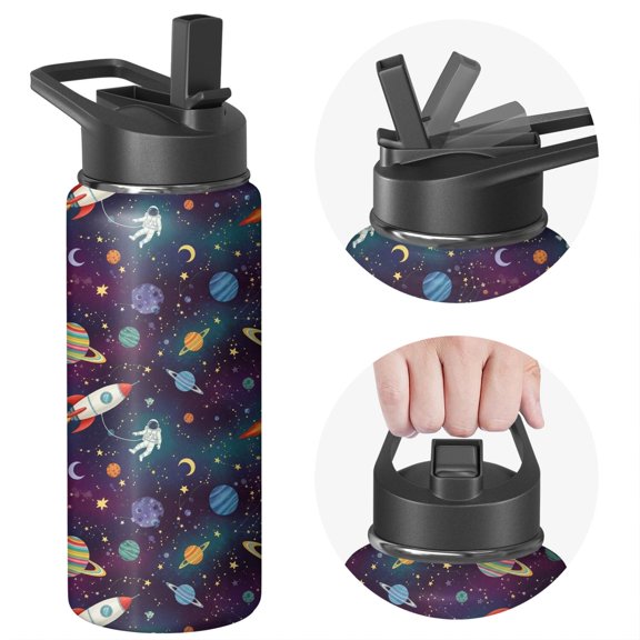 Astronaut and Rocket Black Pattern Insulated Water Bottle with Straw, Vacuum Insulated Stainless Steel Drink Container 304 Stainless Steel Inner Liner Gifts Ideas for Home Office Outdoor Sports Car