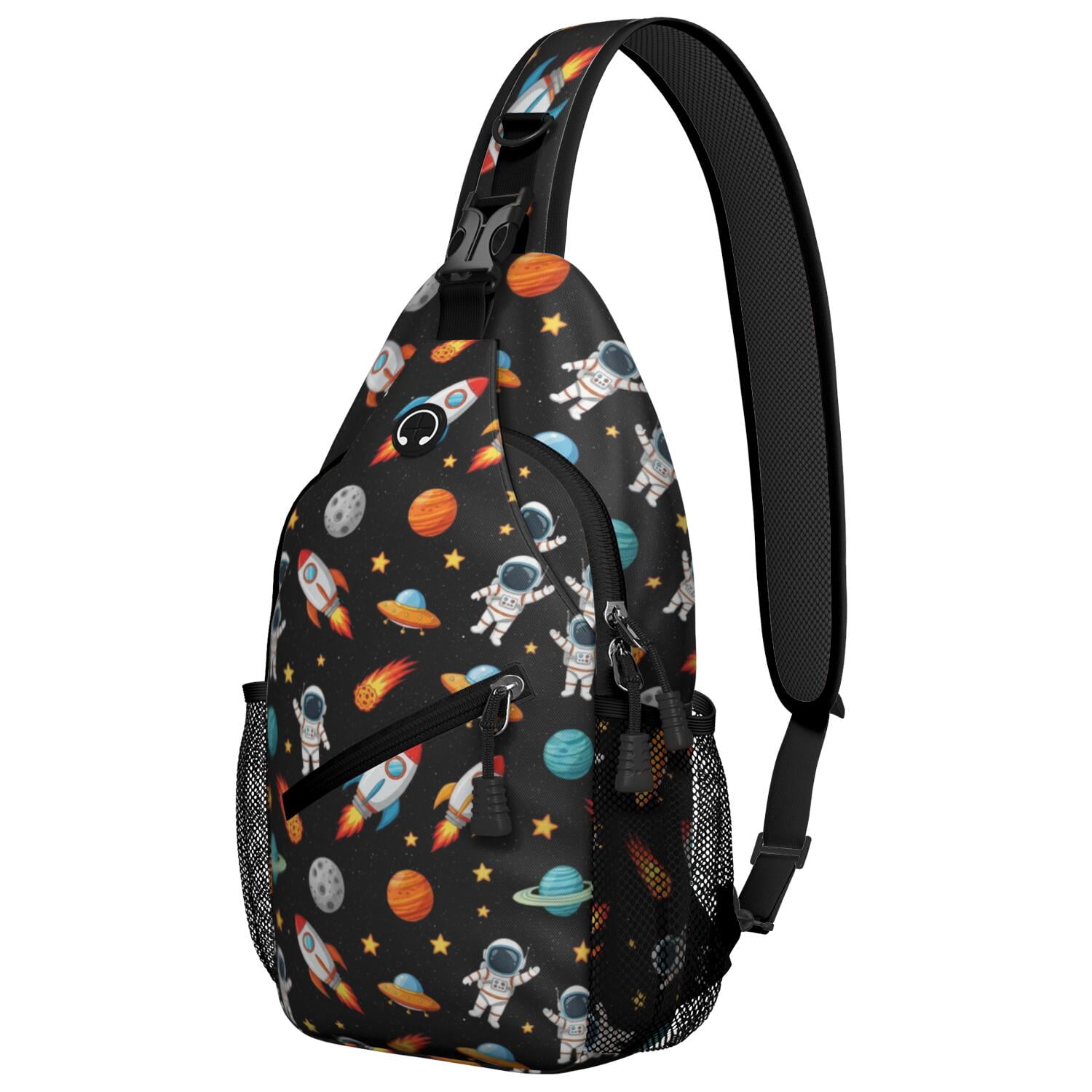Astronaut and Rocket Black Pattern Sling Backpack, Unisex Hiking Chest ...