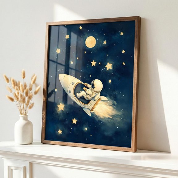 Astronaut Rocket Moonlit Sky Wall Decor Unframed Paper Print