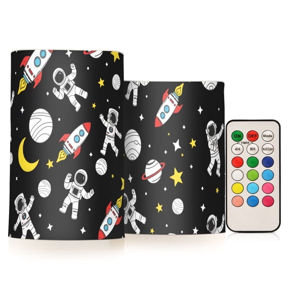 Astronaut Rocket Planet Stars Flickering Flameless Candles Battery Operated with Remote Timer LED Pillar Candles Set of 2