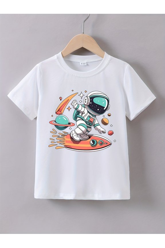 Astronaut Rocket Print Crew Neck T-shirt For Boys, Casual Short Sleeve Top, Boy's Clothing For Summer Daily Wear
