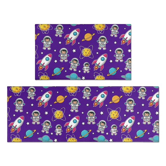 Astronaut and Rocket Purple Pattern Anti Fatigue Kitchen Rugs Set Of 2, Non Slip Washable Decorative Floor Mats for Kitchen Sink Laundry, 17"x30" and 17"x47"