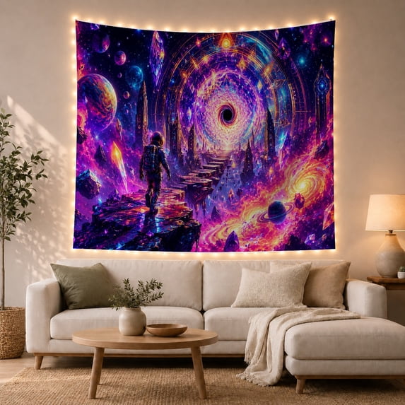 Astronaut on a Rocky Path Against a Cosmic Vortex, Mysterious Surreal Art for Space Enthusiasts, Celestial Nebula Art, Birthday Gift, Tapestry Wall Hanging for Bedroom and Gaming Room