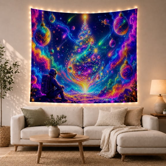 Astronaut on Rocky Planet Facing Glowing Galaxy Tree, Whimsical Psychedelic Digital Art for Space Lovers, Cosmic Wall Art, Birthday Gift Tapestry Wall Hanging for Gaming Room and Dorm