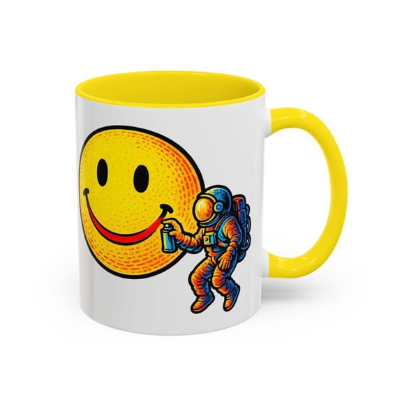 Astronaut S1Miley Face Mug, H1and Drawn Space Graffiti Art, Happy Astronaut with Spray Paint, Unique Fun Coffee Cup Gift for SpaceArt Lovers