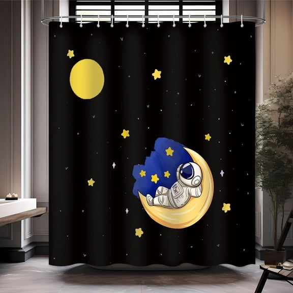 Astronaut Shower Curtain Funny Spaceman Universe Glaxy Cartoon Shower Curtains Black Sky Stars Moon Shower Curtain for Kids Bathroom Decor Set with 12 Hooks 72x72 inches