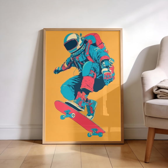 Astronaut Skateboarding Retro Neon Space Poster Unframed Paper Print