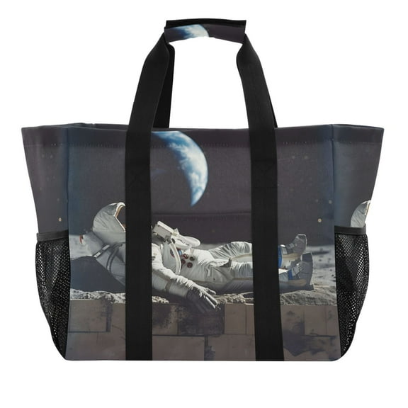 Astronaut Sleeping on Moon Reusable Grocery Bags with Handle Side Pocket Waterproof Shopping Portable Tote