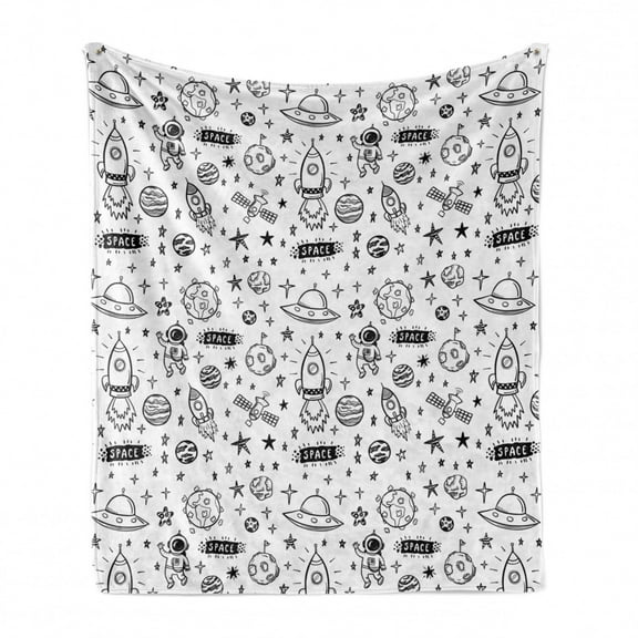 Astronaut Soft Flannel Fleece Blanket, Monochrome Style Pattern of Space Elements and Stars Flying Rocket, Cozy Plush for Indoor and Outdoor Use, 50" x 70", Charcoal Grey and White, by Ambesonne