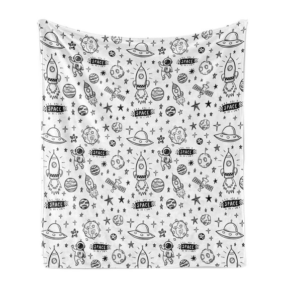 Astronaut Soft Flannel Fleece Blanket, Monochrome Style Pattern of Space Elements and Stars Flying Rocket, Cozy Plush for Indoor and Outdoor Use, 70" x 90", Charcoal Grey and White, by Ambesonne