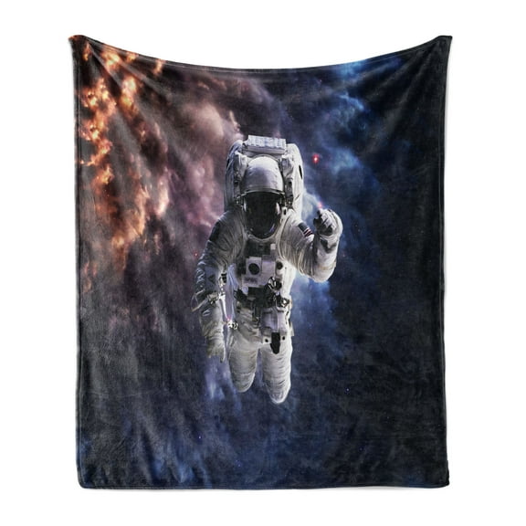 Astronaut Soft Flannel Fleece Blanket, Realistic Space Suit in Space Hovering in Emptiness Space Clouds Stars, Cozy Plush for Indoor and Outdoor Use, 50" x 60", Night Blue Multicolor, by Ambesonne
