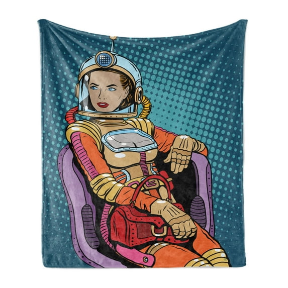 Astronaut Soft Flannel Fleece Blanket, Retro Inspired Space Lady with Purse on a Chair Girl Power Womens Day, Cozy Plush for Indoor and Outdoor Use, 60" x 80", Petrol Blue Multicolor, by Ambesonne