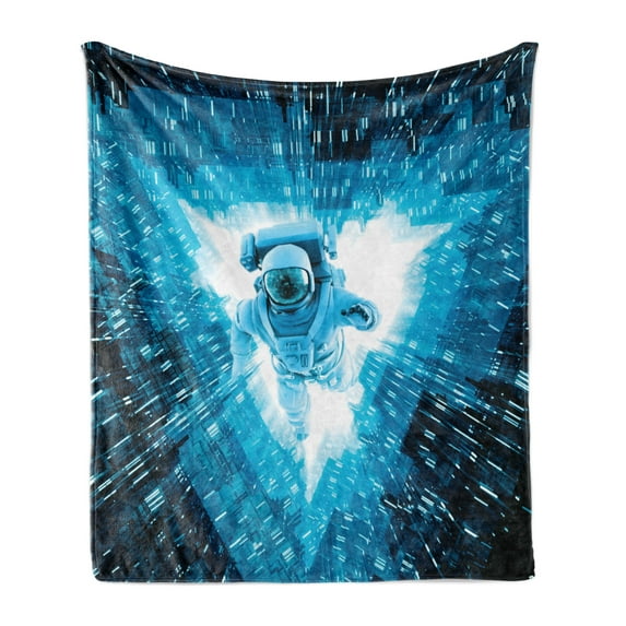 Astronaut Soft Flannel Fleece Blanket, Space Man Diving into the Core Various Geometric Shapes and Triangle Space Adventures, Cozy Plush for Indoor and Outdoor Use, 70" x 90", Blue, by Ambesonne