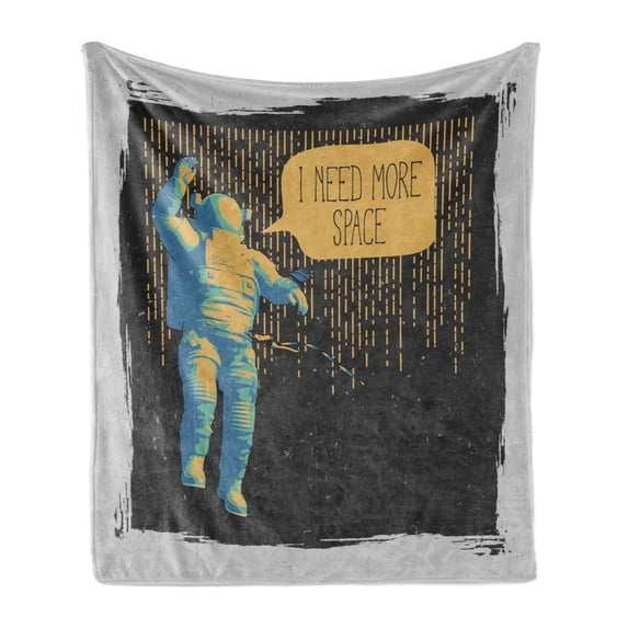 Astronaut Soft Flannel Fleece Throw Blanket, 3D Astronaut I Need More Space Speech Bubble Comic Adventure Science, Cozy Plush for Indoor and Outdoor Use, 60" x 80", Black Mustard Grey, by Ambesonne