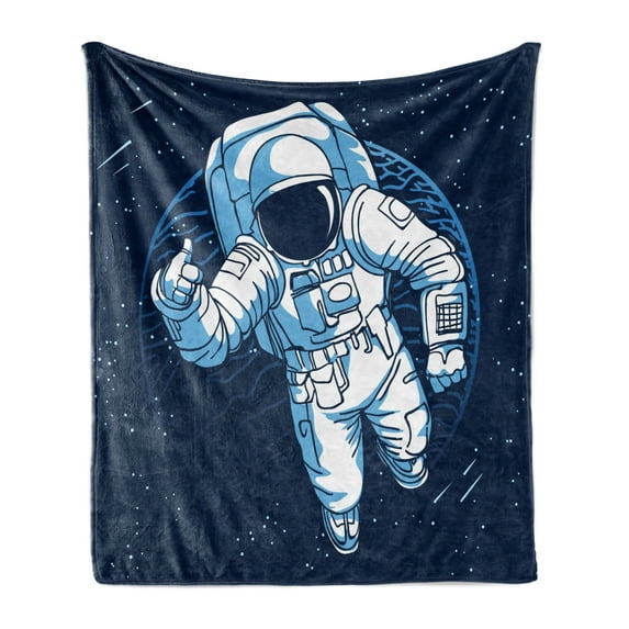 Astronaut Soft Flannel Fleece Throw Blanket, Cartoon Design of a Spaceman on Starry Outer Space, Cozy Plush for Indoor and Outdoor Use, 60" x 80", Blue Sky Blue, by Ambesonne
