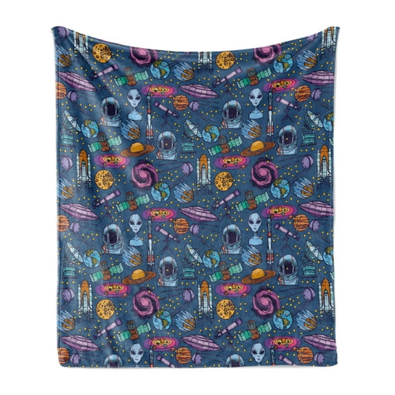 Astronaut Soft Flannel Fleece Throw Blanket, Colorful Astronomical Sketch Stars Planets Outer Space Elements, Cozy Plush for Indoor and Outdoor Use, 50" x 60", Dark Sky Blue Multicolor, by Ambesonne