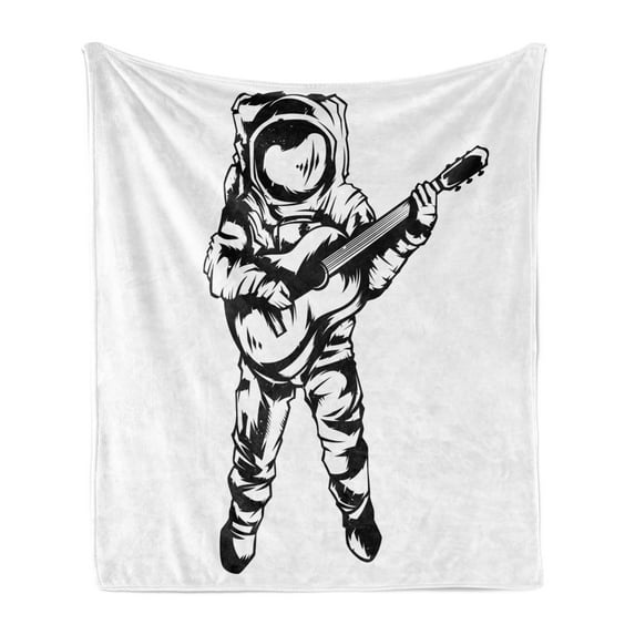 Astronaut Soft Flannel Fleece Throw Blanket, Cool Cosmonaut Jamming Guitar Sketch Art Music Science Education Print, Cozy Plush for Indoor and Outdoor Use, 50" x 70", Black White, by Ambesonne